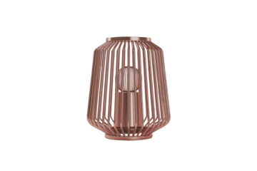 Modern rose gold metal wireframe lamp featuring an exposed light bulb, ideal for contemporary home decor and ambient lighting. background removed