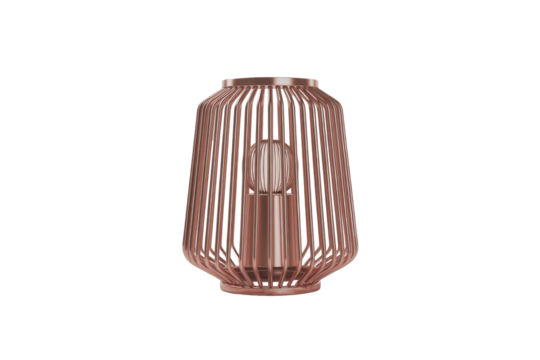 Modern rose gold metal wireframe lamp featuring an exposed light bulb, ideal for contemporary home decor and ambient lighting. background removed