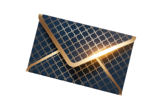A luxurious dark blue envelope with a golden lattice pattern and gold borders, emitting a warm glow, set against a transparent background. background removed