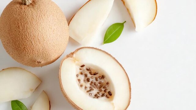 Exotic Fruit Still Life: A top-down perspective showcases a collection of whole and sliced sapodilla, their light brown exteriors contrasting beautifully with their creamy, white interiors.