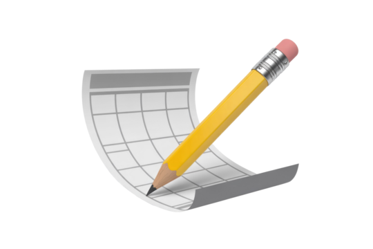 A 3D rendered yellow pencil writes on a blank grid paper, perfect for planning, scheduling, or task management concepts. background removed