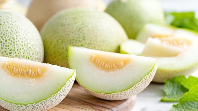 Sweet Melon Delight: A refreshing composition of honeydew melons, some whole, others sliced to reveal juicy flesh, accompanied by fresh green leaves. An ode to summer's sweetest treasures.