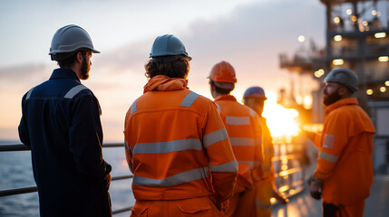 Faceless anonymous workers on offshore platform deck energy sector diverse team industrial maritime operations workforce petroleum extraction professional employees crew