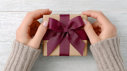 Elegant ribbon bow tying on gift box for special occasions and celebrations