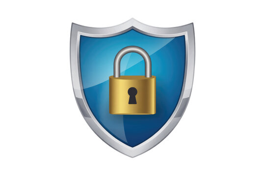 A metallic blue shield with a golden padlock, symbolizing robust digital security, data protection, and online privacy. background removed
