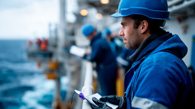 Faceless anonymous workers on offshore platform deck energy sector diverse team industrial maritime operations workforce petroleum extraction professional employees crew