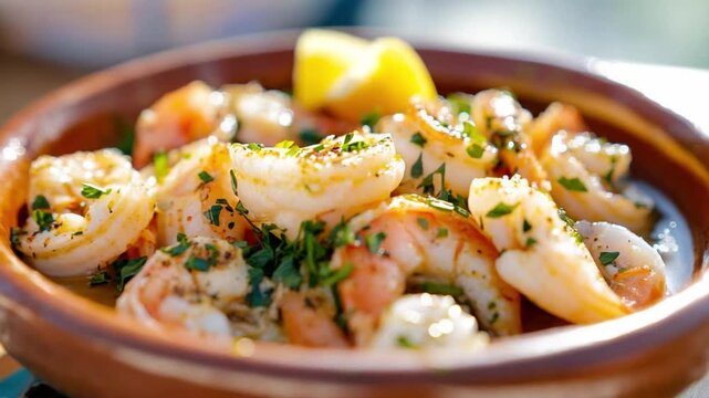 Shrimp Pil Pil in Rustic Bowl: A close-up shot of succulent shrimp saut&eacute;ed in garlic and olive oil, served in a traditional earthenware bowl and garnished with fresh parsley and a wedge of lemon.