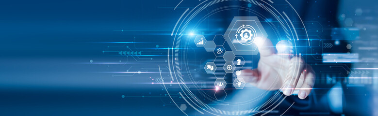 Businessman touching the change management module and transformation roadmap. Process adaptation,...