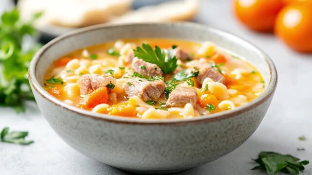 Hearty Soup Delight: A close-up shot of a steaming bowl of homemade soup, featuring tender chunks of meat and vibrant vegetables, promising a warm and comforting meal.