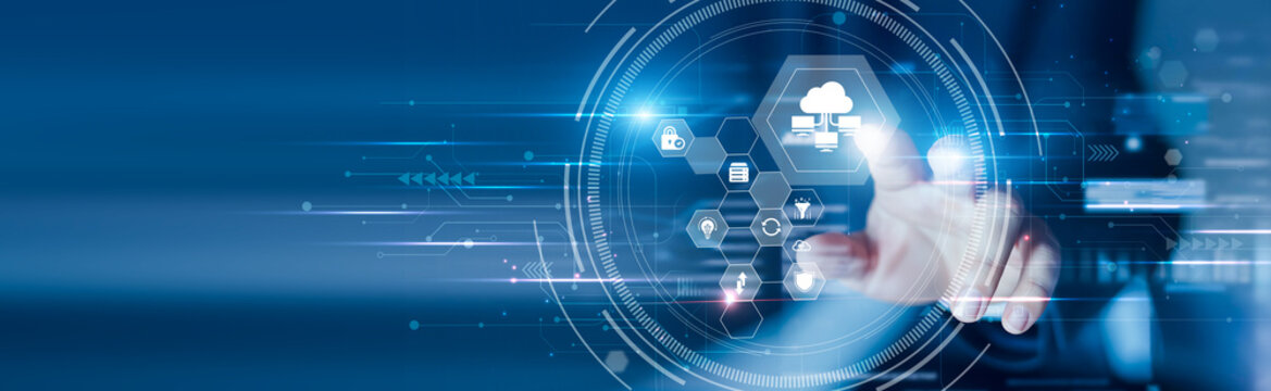 Businessman touching the cloud computing platform and virtual infrastructure. Scalable resources, on-demand services, digital storage and smart connectivity.