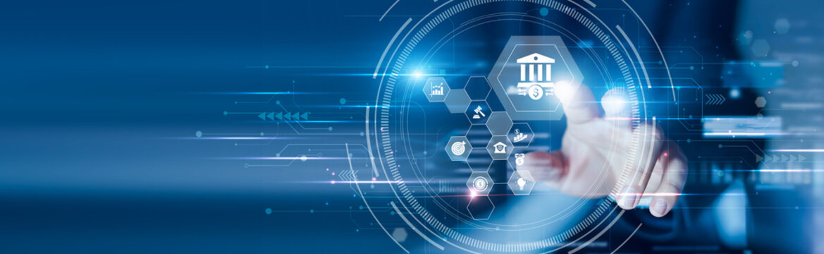 Businessman touching the corporate banking portal and financial service dashboard. Business accounts, transaction management, credit facilities and digital banking tools.