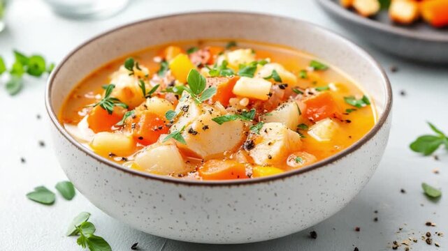 Hearty Vegetable Stew: An inviting bowl of a homemade vegetable stew, brimming with colorful root vegetables, herbs, and spices. The warm, inviting textures and fresh.