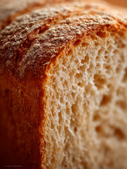Macro photography of a freshly baked rustic artisan bread slice highlighting its golden crust and airy, porous interior texture in warm lighting