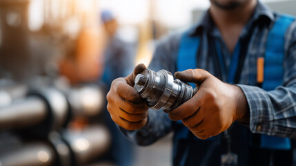 Defocused offshore anonymous worker preparing specialized tools and equipment for petroleum and natural gas well perforation operation faceless employee at wellhead platform