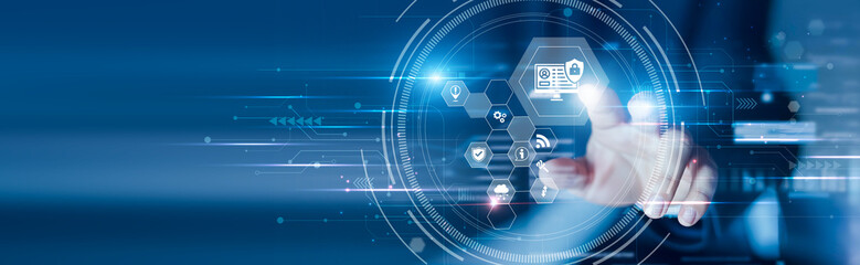 Businessman touching the information security and data protection, cyber shields, encrypted access,...