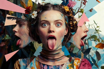 Surreal distorted portrait featuring a woman with multiple faces and vibrant flowers in an abstract setting