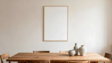 Minimal dining room with wooden table, ceramic vases, and blank wall frame