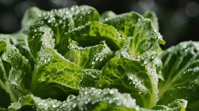 Closeup of fresh green lettuce leaves covered in sparkling water droplets vibrant and healthy.