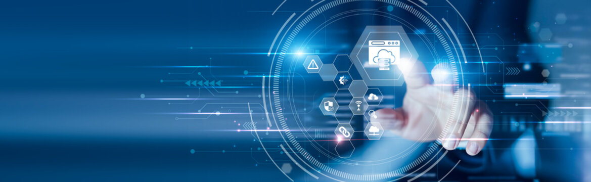 Businessman touching the web hosting and server solutions, cloud storage, domain tools, website performance, secure networks, digital uptime