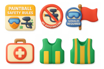 Comprehensive paintball safety icon set featuring gear guidelines and safety rules for effective field use and game preparation