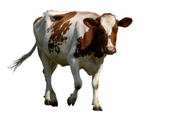 A beautiful brown and white patterned cow stands looking forward, isolated on a solid transparent background, showcasing its striking coat. background removed