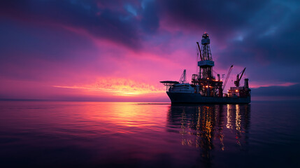 Obraz premium Offshore drilling structure with supply vessel in serene calm waters under vibrant sunrise hues maritime energy facility at dawn morning petroleum operations pink sky reflection