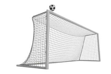 A realistic 3D render of a white soccer goal with a black and white ball resting on its top crossbar, ready for action. background removed