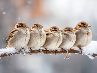 Five small birds perched closely on a snow-covered branch against a soft wintery background with delicate falling snowflakes creating a peaceful atmosphere