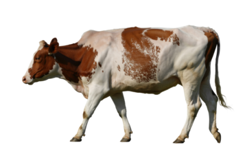 A beautiful brown and white spotted cow walks gracefully in profile, showcased against a transparent background. background removed
