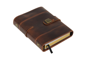 A rustic brown leather journal with a distinctive brass clasp and an integrated bookmark, presented on a dark transparent background. background removed