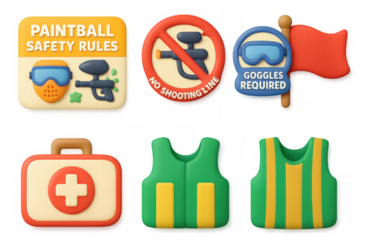 Comprehensive paintball safety icon set featuring gear guidelines and safety rules for effective field use and game preparation