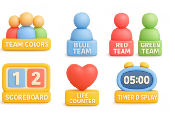 Colorful team icons set with scoreboard and timer display for games and projects