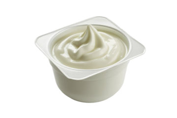 A single white plastic cup filled with creamy plain yogurt, featuring a decorative swirl on its smooth surface, isolated on a transparent background. background removed