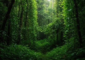 Fototapeta premium A dense, lush tropical rainforest background featuring bright green leaves and interwoven vines under a humid canopy, pattern, growth, forest