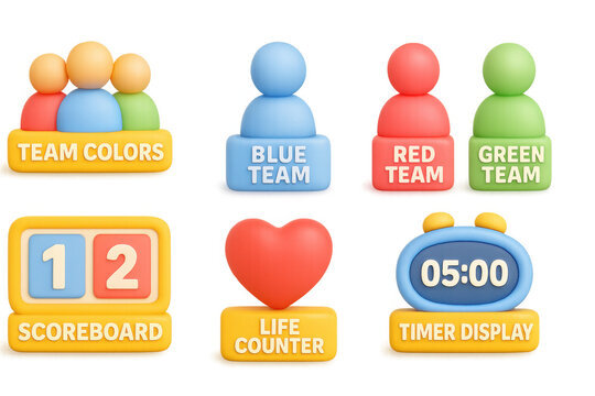 Colorful team icons set with scoreboard and timer display for games and projects