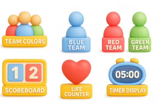 Colorful team icons set with scoreboard and timer display for games and projects