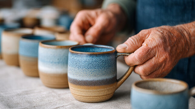Artisan display of handmade ceramic mugs in pottery workshop setting - Powered by Adobe