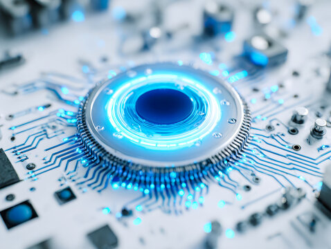 Futuristic electronic circuit with glowing blue central component