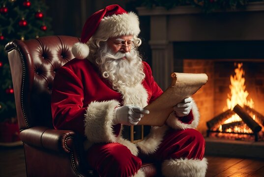 Santa Claus reading a letter. AI-generated image.