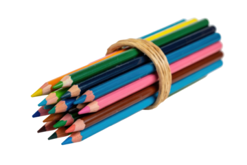A vibrant bundle of assorted colored pencils, sharpened and tied with natural twine, rests against a plain transparent background. background removed