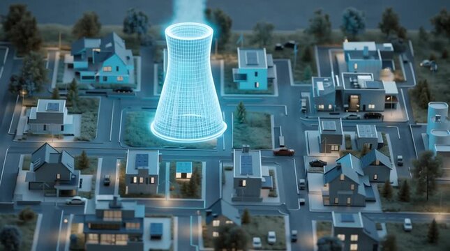 Conceptual animation of a single SMR supplying clean, reliable blue energy to a small modern town, glowing power lines symbolizing sustainable nuclear electricity and energy security.
