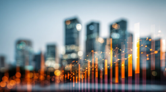 Abstract digital financial chart overlay on blurred modern city skyline illustrating growth trends and data analysis in urban business environment at dusk