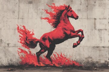 Flaming red horse graffiti rearing above burning ground on a worn concrete wall, intense urban street art symbolizing the Year of the Fire Horse with bold energetic flames