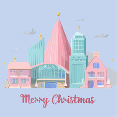 Naklejka premium pastel christmas cityscape with decorated tree and holiday houses
