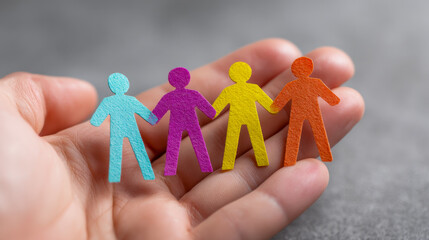 Holding a chain of colorful paper cutout figures symbolizing unity and diversity in human connection and teamwork against a blurred background