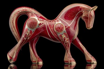 Glossy red Art Deco horse with gold geometric patterns on black background, elegant stylized sculpture illustration celebrating the Year of the Fire Horse in luxurious vintage design