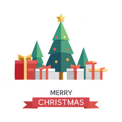 festive christmas trees with colorful gifts and holiday ribbon