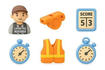 Laser tag game icons collection featuring referee, whistle, score, stopwatch, and vest