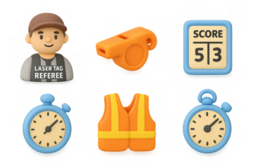 Laser tag game icons collection featuring referee, whistle, score, stopwatch, and vest