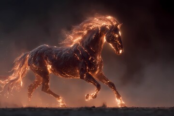 Glowing molten fire horse galloping through swirling mist, dramatic fantasy creature blazing with radiant sparks and symbolizing the Year of the Fire Horse in powerful luminous form